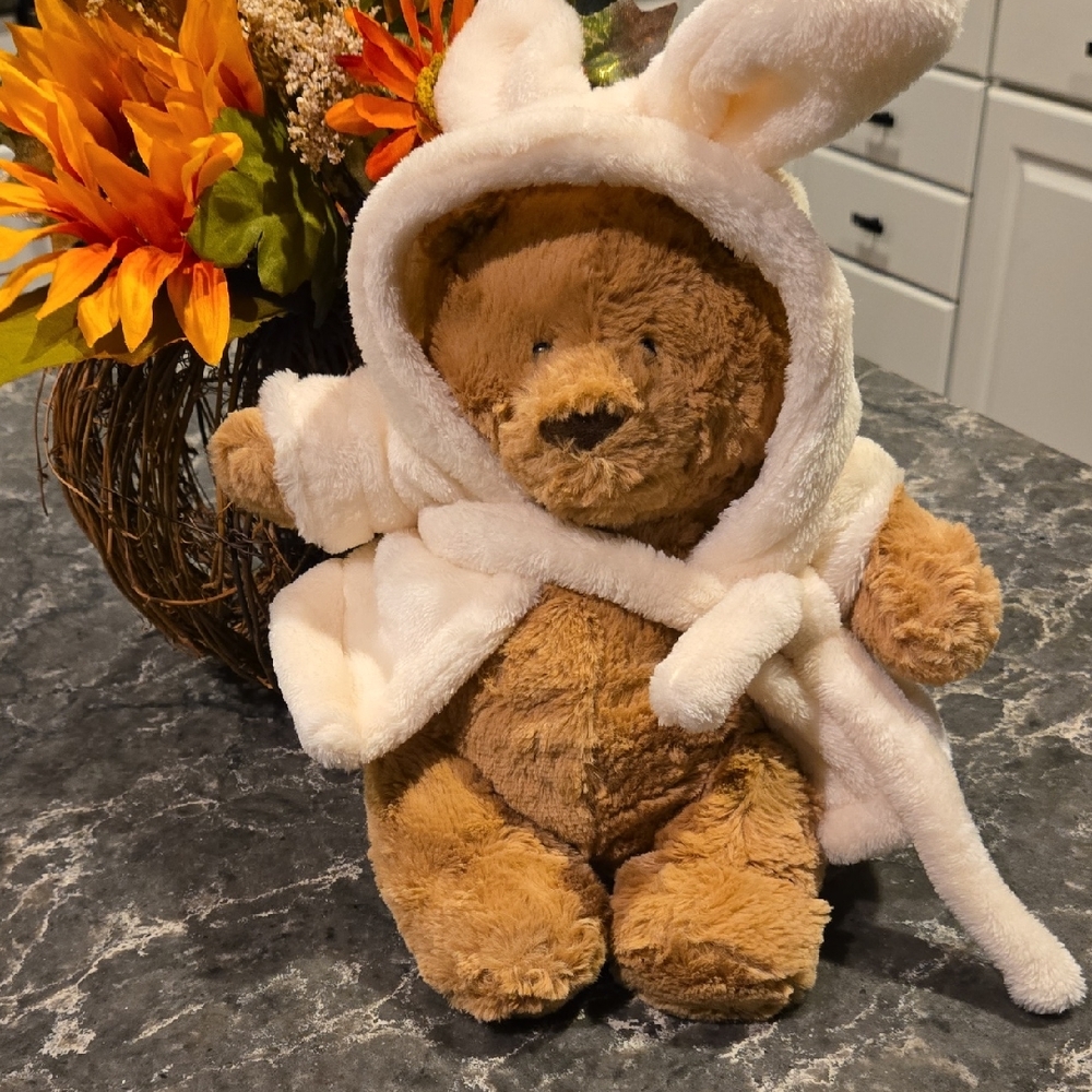 Jellycat Brown Stuffed Bear in a Robe with Bunny Ears